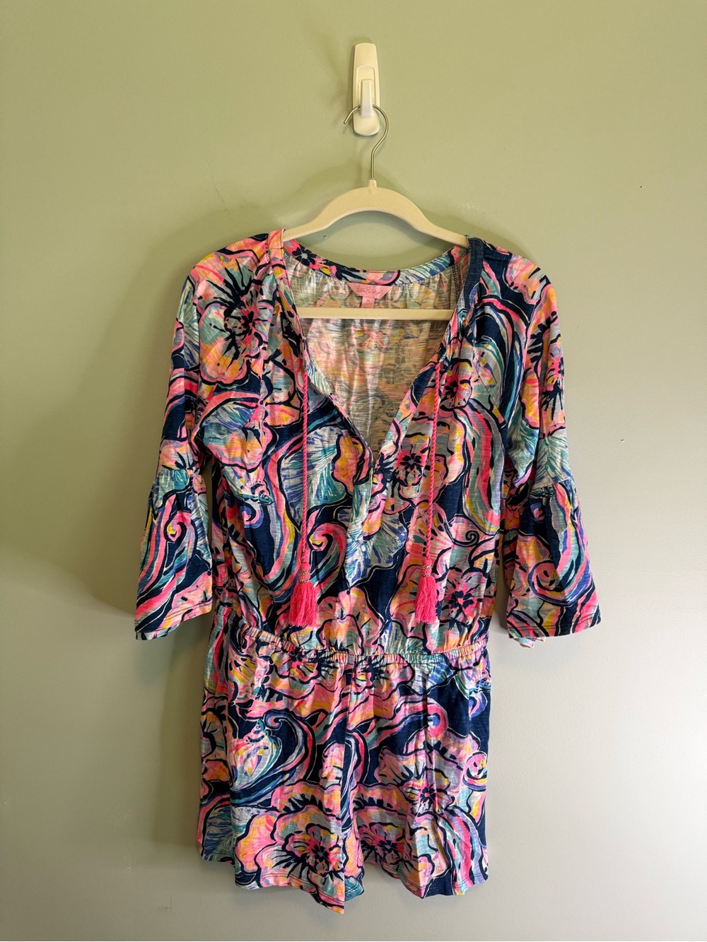 Lilly Pulitzer Donna Romper Multi Sink Or Swim Floral Tassel Knit Pink Blue M - Picture 3 of 7